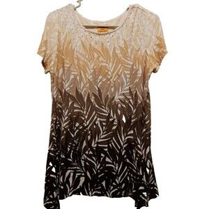 Ruby Rd Floral‎ Blouse Top Short Sleeve Overlay Beads Orange Brown Size S